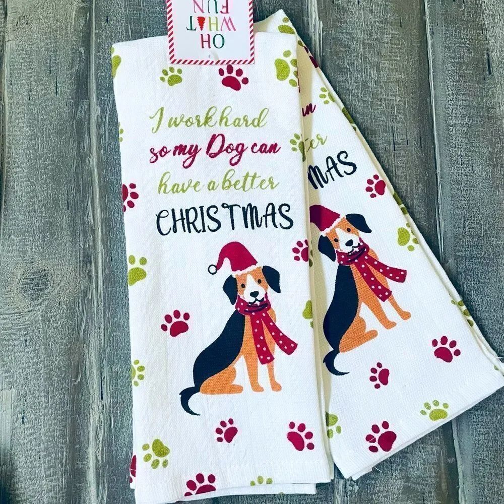 Christmas Dog “I Work Hard” Kitchen Dish Towels